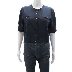 Scanlan Theodore Womens Button Front Short Sleeve Cardigan Sweater Navy Large